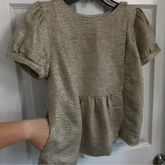 LOEFFLER RANDALL Tan Silver Metallic Puff Short Sleeve Snap Blouse - Picture 6 of 13